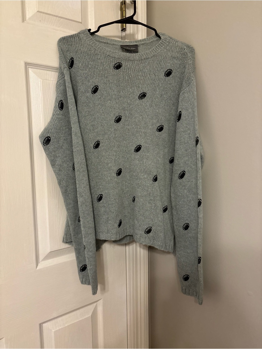 Wooden Ships Light Gray Crewneck Sweater with Black Footballs Size M/L